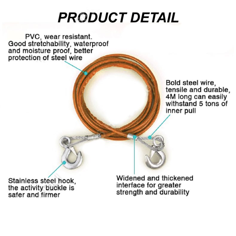 EPICA STAR Car Vehicle Steel Wire Tow Rope 4Meter *8mm *10mm *12mm ...