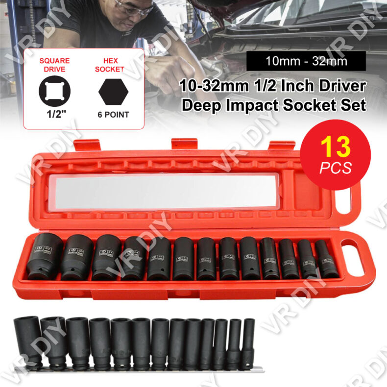 Socket Only Kit Automotive 13pcs 10-32mm 1/2″ Inch Driver Deep Impact Socket Set CR-V ...